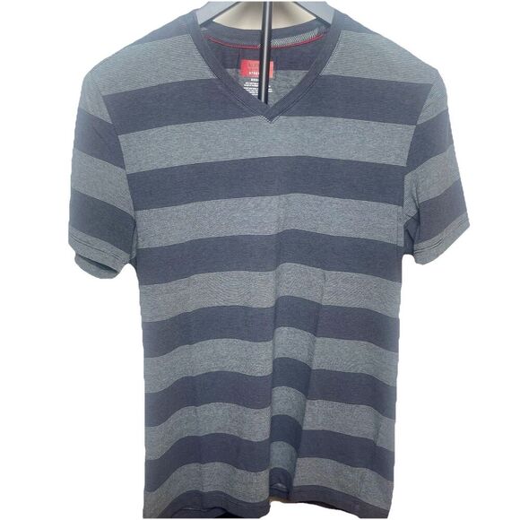 Alfani Slim Fit Stretch T-Shirt Men’s Medium Gray Black Striped V-Neck - Picture 1 of 4